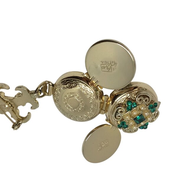 Vintage CORO Pat Pend Estate Triple Locket Brooch Fleur de Lis Rhinestone Pearl - Picture 9 of 14